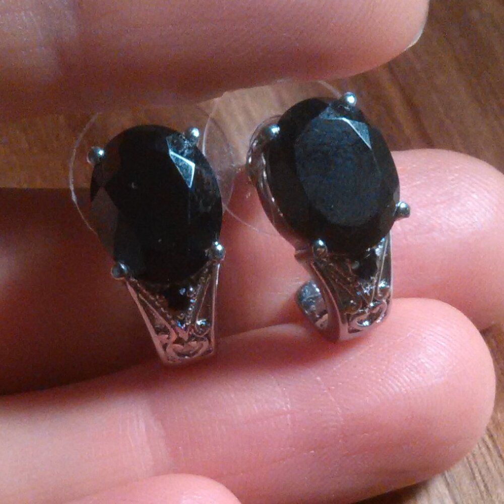 Thai Black Spinel J-Hoop Stainless Steel Earrings